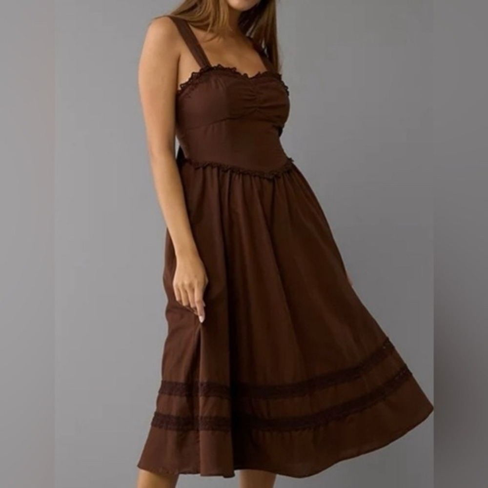 American Eagle Outfitters Brown Corset Midi Dress Small Smocked Back Cotton Lace